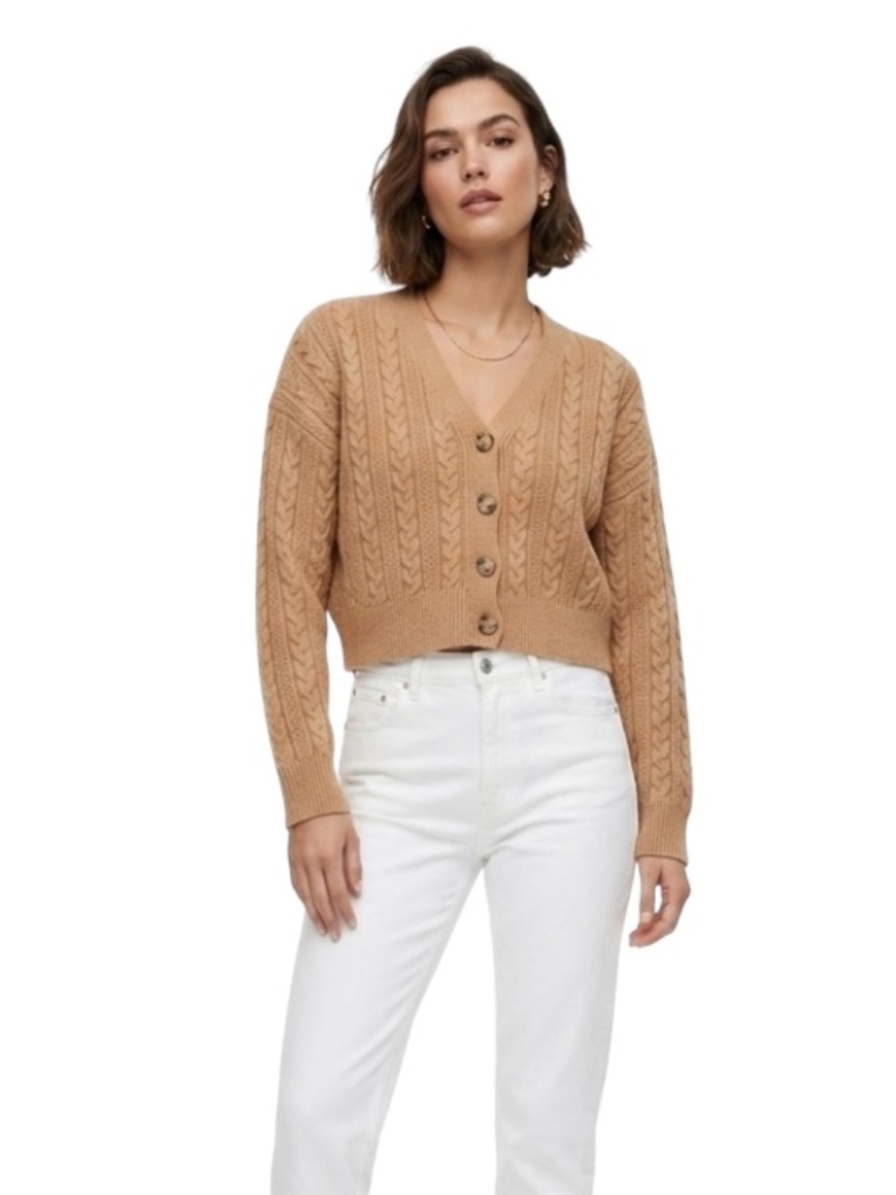Zara Womens Cable-Knit Cardigan Sz L Tan Cottagecore Cozy Luxury Scandi Girl